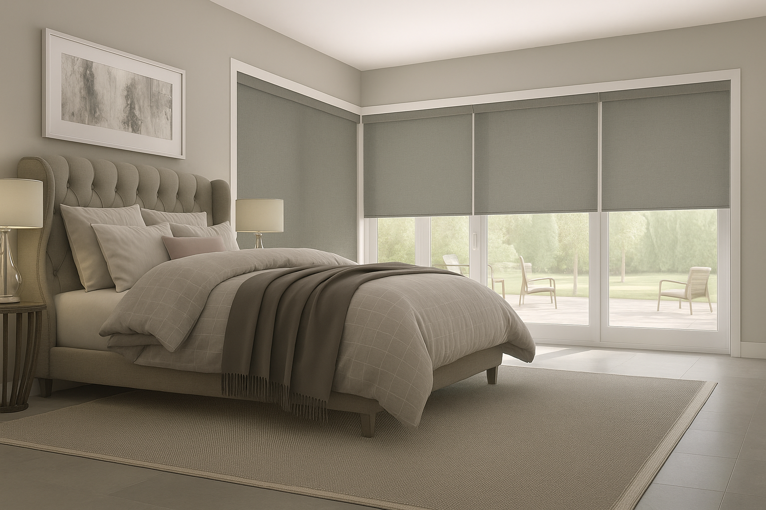 Cortina roller screen traslúcida en comedor moderno en Concepción